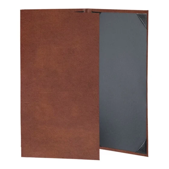 H. Risch, Inc. 8 1/2" x 14" Brown Tuxedo Leather Customizable 3 View Menu Cover with Picture Corners