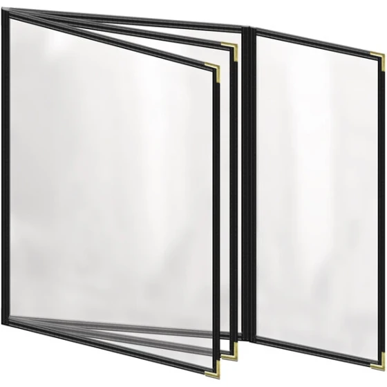 H. Risch, Inc. TETBQ Deluxe Sewn 8 1/2" x 11" Black 8 View Vinyl Menu Cover with Gold Smooth Corners and Gloss Finish