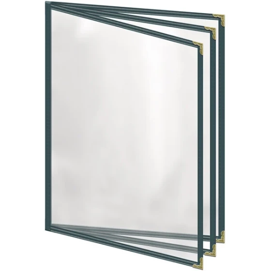 H. Risch, Inc. TETB Deluxe Sewn 8 1/2" x 11" Green 6 View Vinyl Menu Cover with Gold Decorative Corners and Gloss Finish