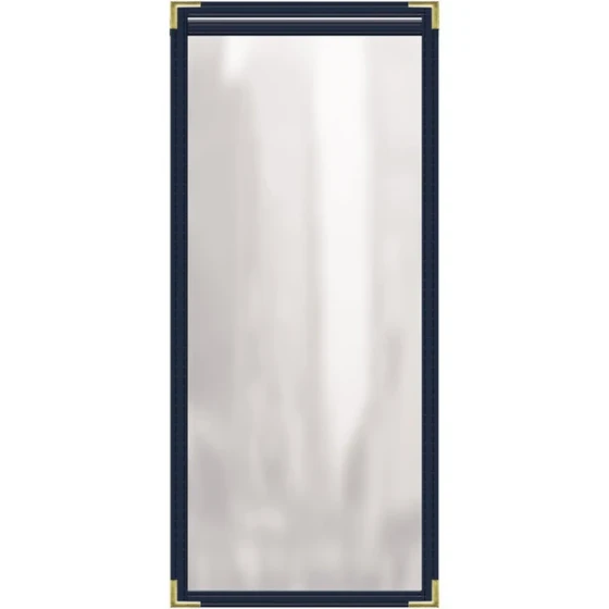 H. Risch, Inc. TES Deluxe Sewn 5 1/2" x 17" Blue 2 View Vinyl Menu Cover with Gold Smooth Corners and Gloss Finish