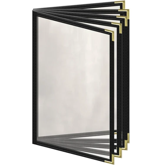 H. Risch, Inc. TE-10V Deluxe Sewn 5 1/2" x 8 1/2" Black 10 View Vinyl Menu Cover with Gold Smooth Corners and Gloss Finish