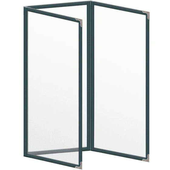 H. Risch, Inc. TET Deluxe Sewn 4 1/4" x 11" Green 6 View Foldout Vinyl Menu Cover With Silver Decorative Corners and Matte Finish