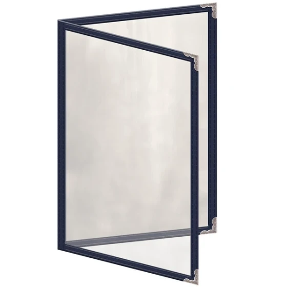 H. Risch, Inc. TED Deluxe Sewn 5 1/2" x 8 1/2" Blue 4 View Menu Cover with Silver Decorative Corners and Gloss Finish