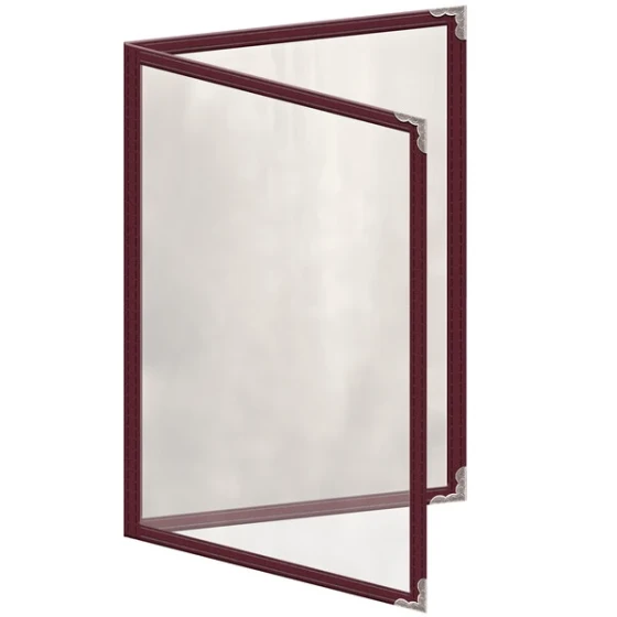 H. Risch, Inc. TED Deluxe Sewn 5 1/2" x 8 1/2" Maroon 4 View Menu Cover with Silver Decorative Corners and Gloss Finish