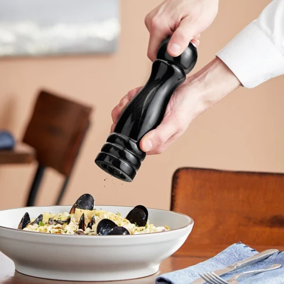 Acopa 8" Glossy Black Wooden Salt / Pepper Mill