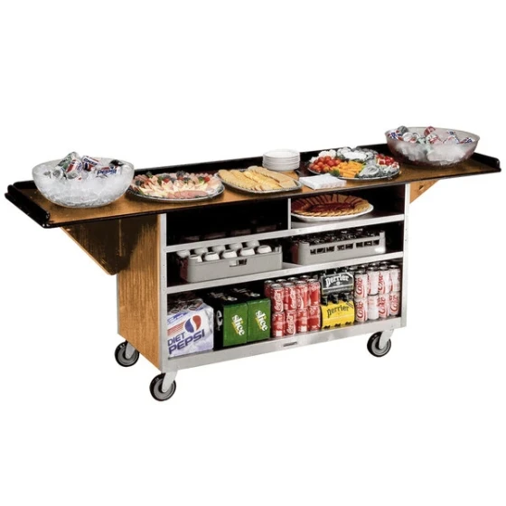 Lakeside 676LM Stainless Steel Drop-Leaf Beverage Service Cart with 3 Shelves and Light Maple Laminate Finish - 61 3/4" x 24" x 38 1/4"