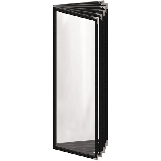 H. Risch, Inc. TE-12V Deluxe Sewn 4 1/4" x 14" Black 12 View Vinyl Menu Cover with Silver Decorative Corners and Gloss Finish
