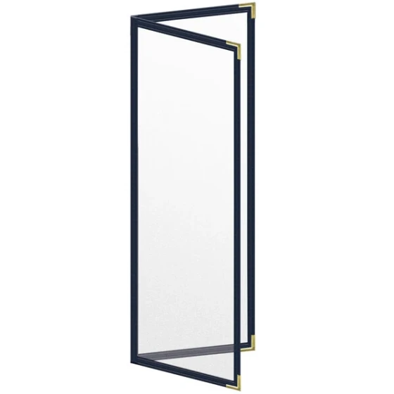 H. Risch, Inc. TED Deluxe Sewn 4 1/4" x 14" Blue 4 View Menu Cover with Gold Smooth Corners and Matte Finish