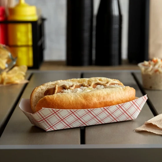 7" x 3 1/4" x 1 1/2" Red Plaid Paper Hot Dog Tray - 250/Pack