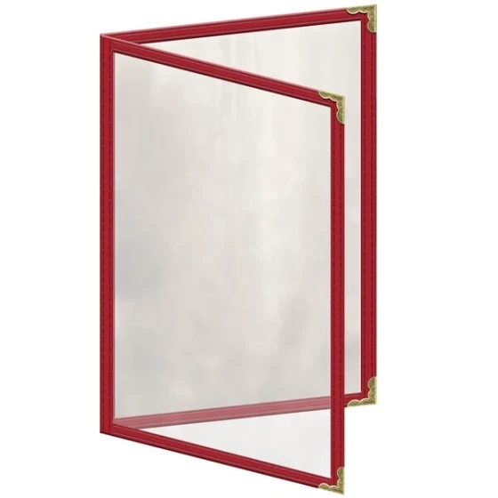 H. Risch, Inc. TED Deluxe Sewn 5 1/2" x 8 1/2" Red 4 View Menu Cover with Gold Decorative Corners and Gloss Finish