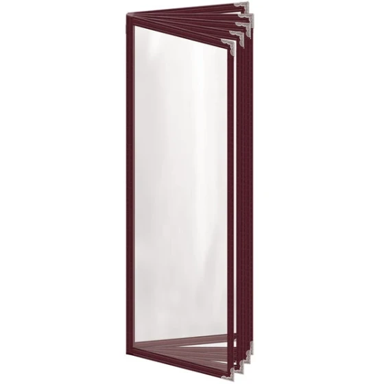 H. Risch, Inc. TE-10V Deluxe Sewn 4 1/4" x 14" Maroon 10 View Vinyl Menu Cover with Silver Decorative Corners and Gloss Finish