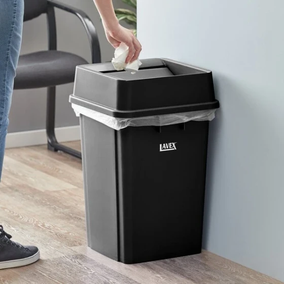 Lavex 19 Gallon Black Square Trash Can with Drop Shot Lid