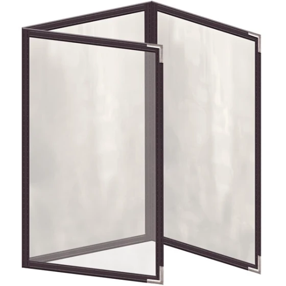 H. Risch, Inc. TET Deluxe Sewn 5 1/2" x 8 1/2" Brown 6 View Foldout Vinyl Menu Cover With Silver Smooth Corners and Gloss Finish