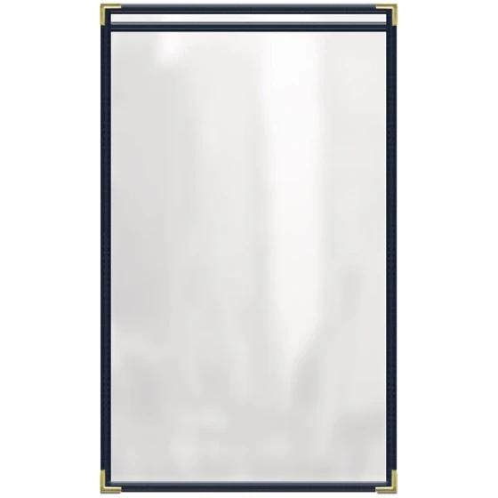 H. Risch, Inc. TES Deluxe Sewn 8 1/2" x 14" Blue 2 View Vinyl Menu Cover with Gold Smooth Corners and Gloss Finish