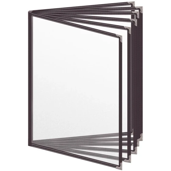 H. Risch, Inc. TE-12V Deluxe Sewn 8 1/2" x 11" Brown 12 View Vinyl Menu Cover with Silver Decorative Corners and Matte Finish