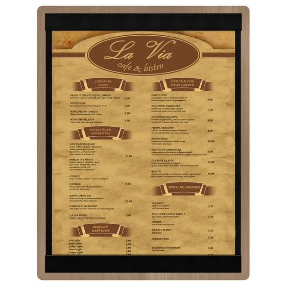 Menu Solutions WDSTR-C Weathered Walnut 8 1/2" x 11" Customizable Wood Menu Board with Top and Bottom Strips