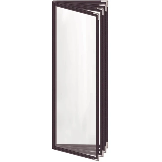 H. Risch, Inc. TEDD Deluxe Sewn 4 1/4" x 14" Brown 8 View Menu Cover with Silver Smooth Corners and Gloss Finish