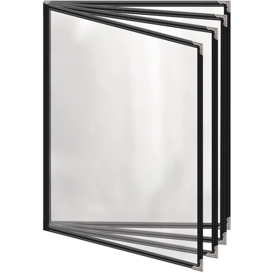 H. Risch, Inc. TEDD Deluxe Sewn 8 1/2" x 11" Black 8 View Menu Cover with Silver Decorative Corners and Gloss Finish