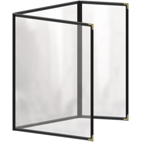 H. Risch, Inc. TEDQ Deluxe Sewn 8 1/2" x 11" Black 6 View Menu Cover with Gold Decorative Corners and Glossy Finish