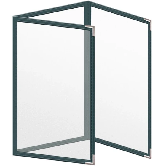 H. Risch, Inc. TET Deluxe Sewn 5 1/2" x 8 1/2" Green 6 View Foldout Vinyl Menu Cover With Silver Smooth Corners and Matte Finish