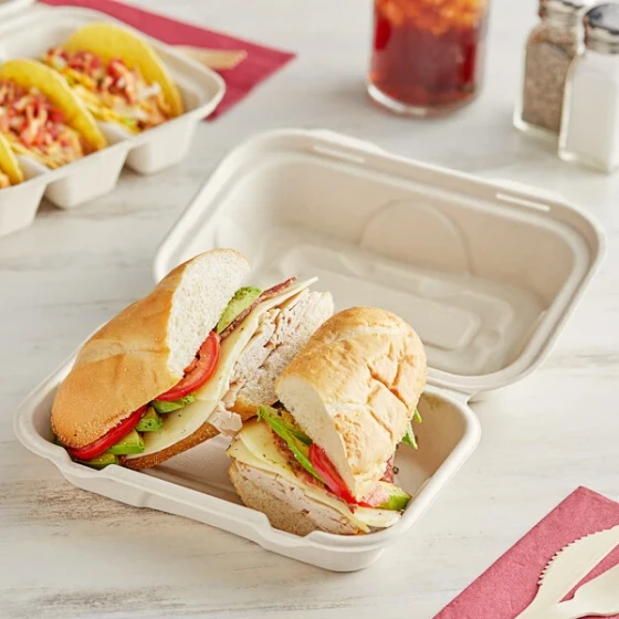 World Centric 9" x 6" x 3" Compostable Fiber Hoagie Clamshell with Leaf Plus - 500/Case