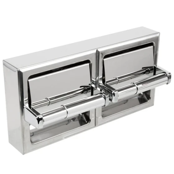 Bobrick B-6999 Surface-Mounted Double Toilet Tissue Dispenser with Stainless Steel Hood and Bright Polish Finish