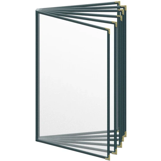 H. Risch, Inc. TE-12V Deluxe Sewn 8 1/2" x 14" Green 12 View Vinyl Menu Cover with Gold Decorative Corners and Matte Finish