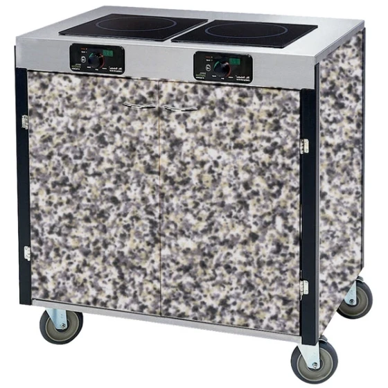 Lakeside 2075GS Creation Express™ Mobile Cooking Cart with 2 Induction Burners, 1 Filtration Unit, and Gray Sand Laminate Finish - 22" x 34" x 40 1/2"