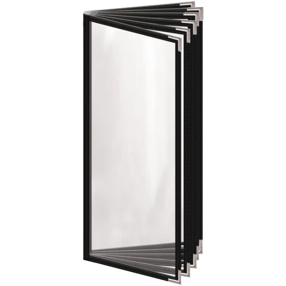 H. Risch, Inc. TE-12V Deluxe Sewn 4 1/4" x 11" Black 12 View Vinyl Menu Cover with Silver Smooth Corners and Gloss Finish