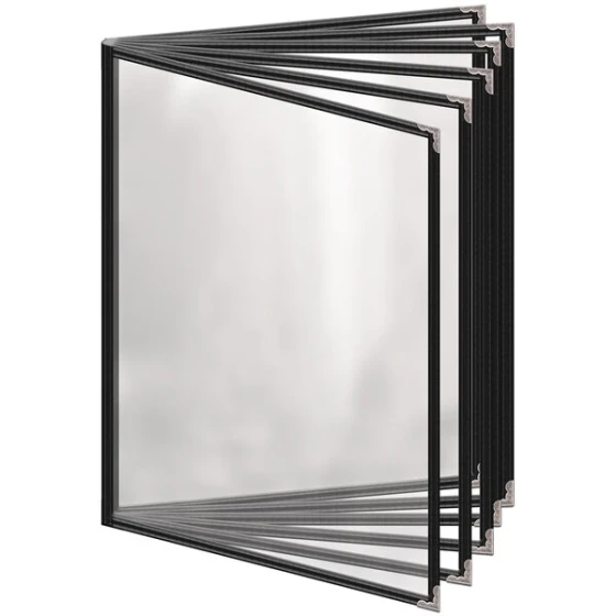 H. Risch, Inc. TE-12V Deluxe Sewn 8 1/2" x 11" Black 12 View Vinyl Menu Cover with Silver Decorative Corners and Gloss Finish