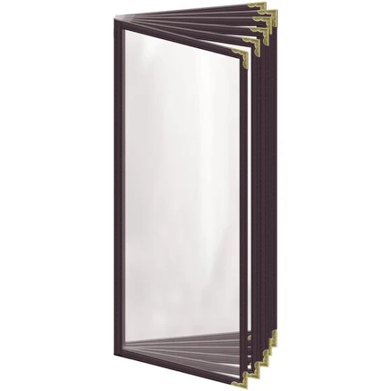 H. Risch, Inc. TE-12V Deluxe Sewn 4 1/4" x 11" Brown 12 View Vinyl Menu Cover with Gold Decorative Corners and Gloss Finish