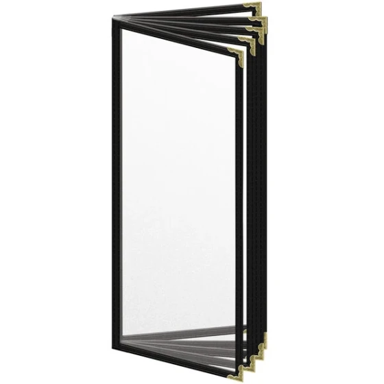 H. Risch, Inc. TE-10V Deluxe Sewn 4 1/4" x 11" Black 10 View Vinyl Menu Cover with Gold Decorative Corners and Matte Finish