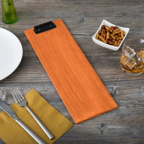 Menu Solutions WDCLIP-BD Mandarin 4 1/4" x 14" Customizable Wood Menu Clip Board