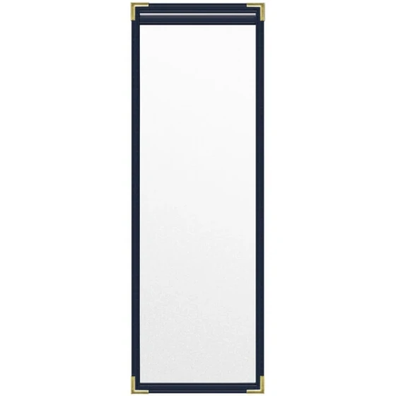 H. Risch, Inc. TES Deluxe Sewn 4 1/4" x 14" Blue 2 View Vinyl Menu Cover with Gold Smooth Corners and Matte Finish