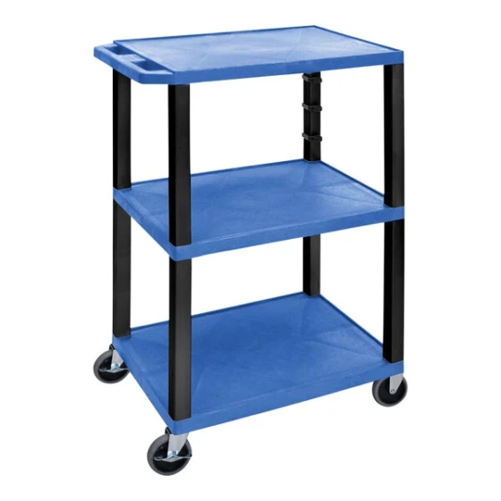 Luxor Tuffy 24" x 18" x 42 1/2" Blue / Black Plastic 3-Shelf Utility Cart with Heavy-Duty Casters UCPL1BU-B