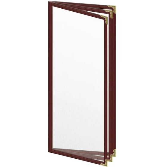 H. Risch, Inc. TETB Deluxe Sewn 4 1/4" x 11" Maroon 6 View Vinyl Menu Cover with Gold Decorative Corners and Matte Finish