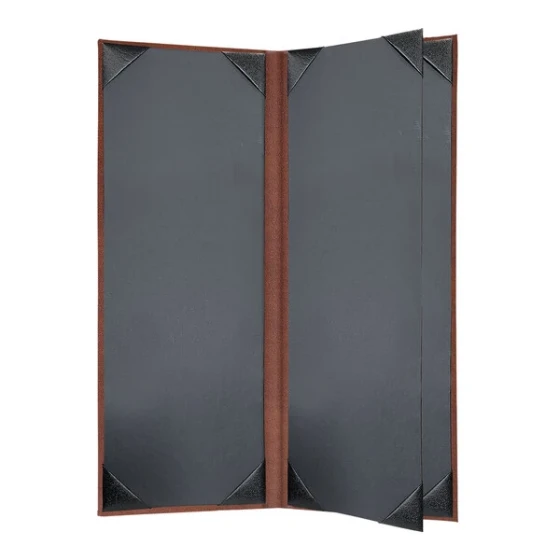 H. Risch, Inc. 4 1/4" x 11" Brown Tuxedo Leather Customizable 4 View Menu Cover with Picture Corners