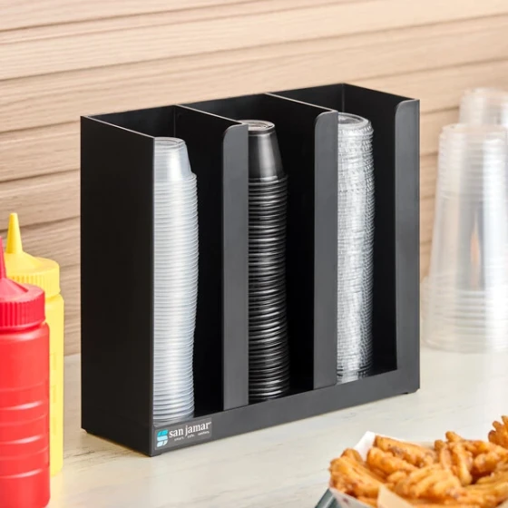 San Jamar PCL3ADJ Black Adjustable 3-Section Countertop Portion Cup and Lid Organizer