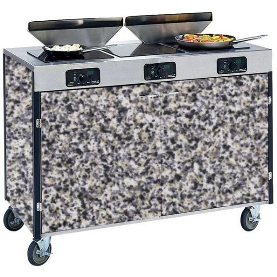 Lakeside 2085GS Creation Express™ Mobile Cooking Cart with 3 Induction Burners, 2 Filtration Units, and Gray Sand Laminate Finish - 22" x 48" x 40 1/2"