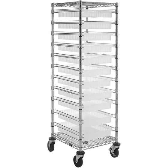 Quantum 21" x 24" x 69" Mobile Cart with 11 Clear Divider Bins BC212469M2CL