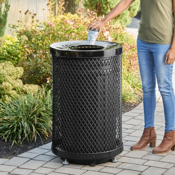 Lancaster Table & Seating 36 Gallon Heavy-Duty Round Black Expanded Steel Outdoor Trash Can with Flat Lid