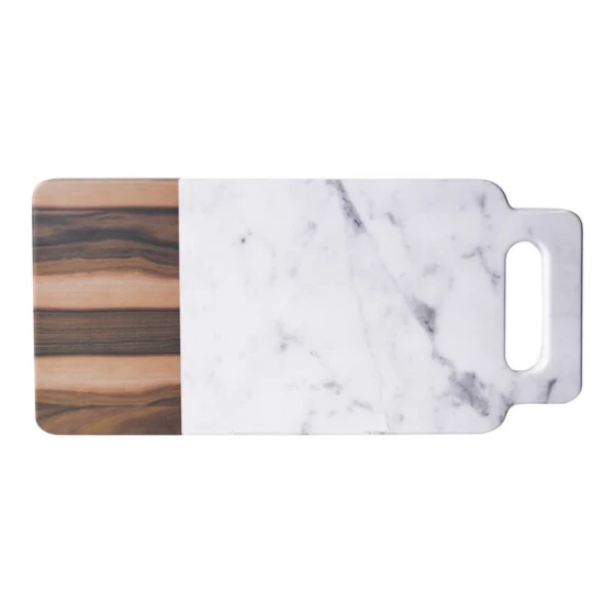Elite Global Solutions M715RCM-HWC Sierra 15" x 7" Faux Hickory Wood and Carrara Marble Melamine Serving Board with Handle
