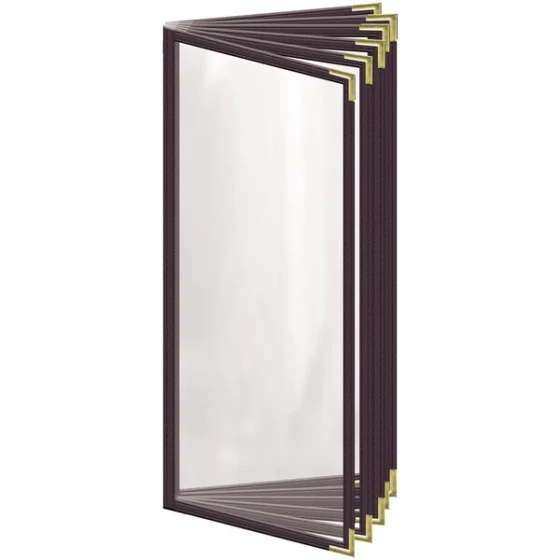 H. Risch, Inc. TE-12V Deluxe Sewn 4 1/4" x 11" Brown 12 View Vinyl Menu Cover with Gold Smooth Corners and Gloss Finish