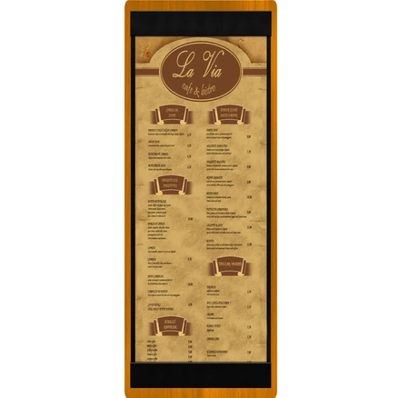 Menu Solutions WDSTR-BD Country Oak 4 1/4" x 14" Customizable Wood Menu Board with Top and Bottom Strips