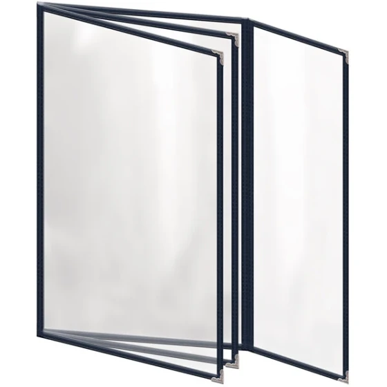 H. Risch, Inc. TETBQ Deluxe Sewn 8 1/2" x 14" Blue 8 View Vinyl Menu Cover with Silver Decorative Corners and Gloss Finish