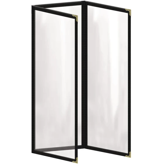 H. Risch, Inc. TET Deluxe Sewn 4 1/4" x 14" Black 6 View Foldout Vinyl Menu Cover With Gold Decorative Corners and Gloss Finish