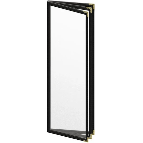 H. Risch, Inc. TETB Deluxe Sewn 4 1/4" x 14" Black 6 View Vinyl Menu Cover with Gold Decorative Corners and Matte Finish