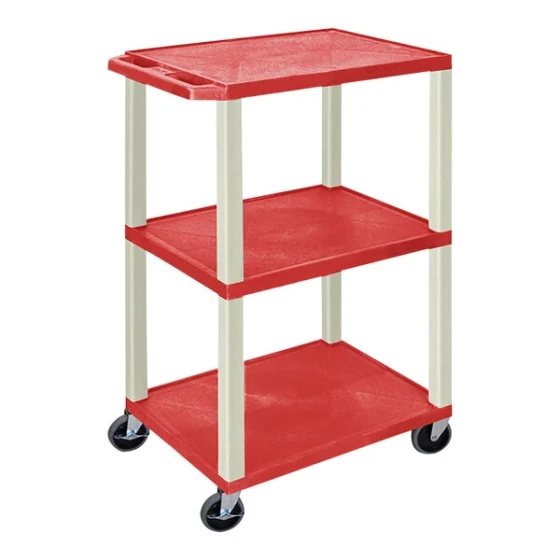 Luxor Tuffy 24" x 18" x 42 1/2" Red / Putty Plastic 3-Shelf Powered Utility Cart with Heavy-Duty Casters, Electrical Assembly, and Cord Storage UCPL1RE