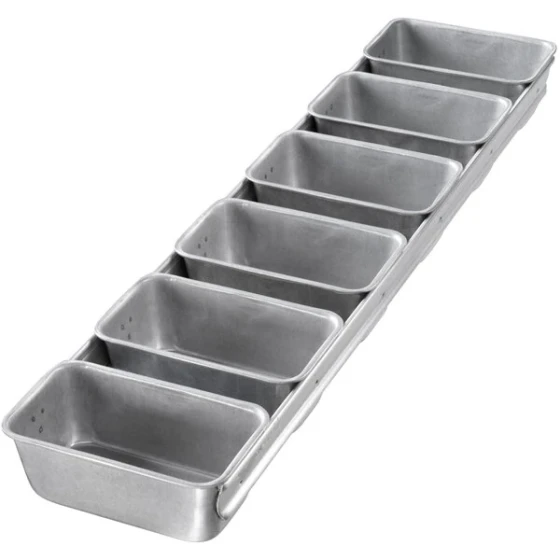 Chicago Metallic 46925 3/8 lb. 6-Strap Glazed Aluminized Steel Bread Loaf Pan - 5 5/8 x 3 1/8 inch x 2 1/4 inch Cavities