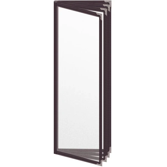 H. Risch, Inc. TEDD Deluxe Sewn 4 1/4" x 14" Brown 8 View Menu Cover with Silver Decorative Corners and Matte Finish